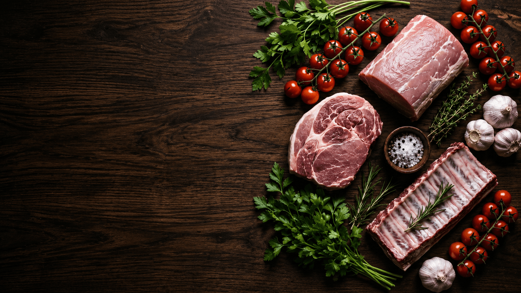 Carne proaspătă de porc, legume și mirodenii pe masă de lemn